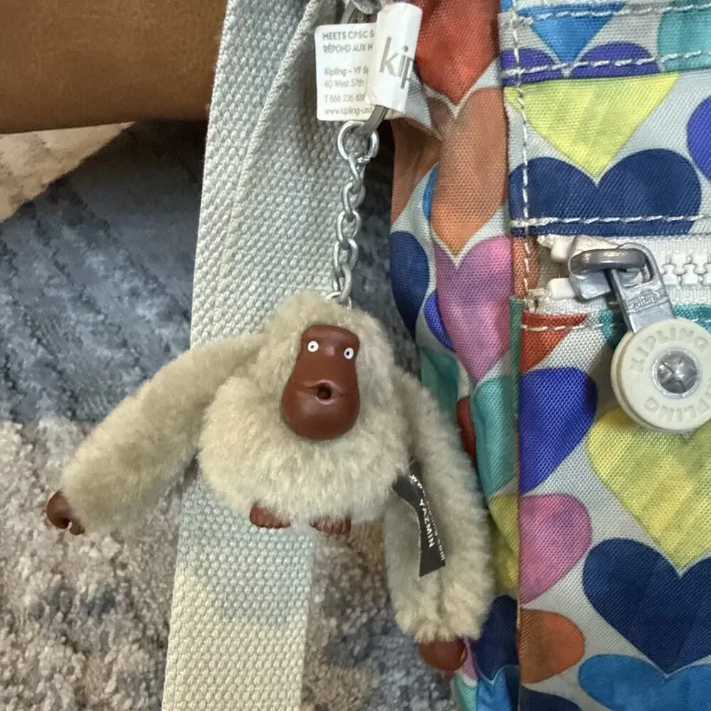 Kipling Heart Print Crossbody Bag Monkey Charm Multicolor Adjustable Strap